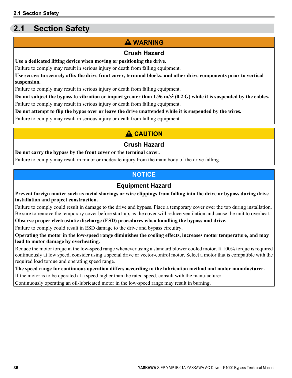 Section safety, 1 section safety | Yaskawa AC Drive P1000 Bypass Technical Manual User Manual | Page 36 / 392