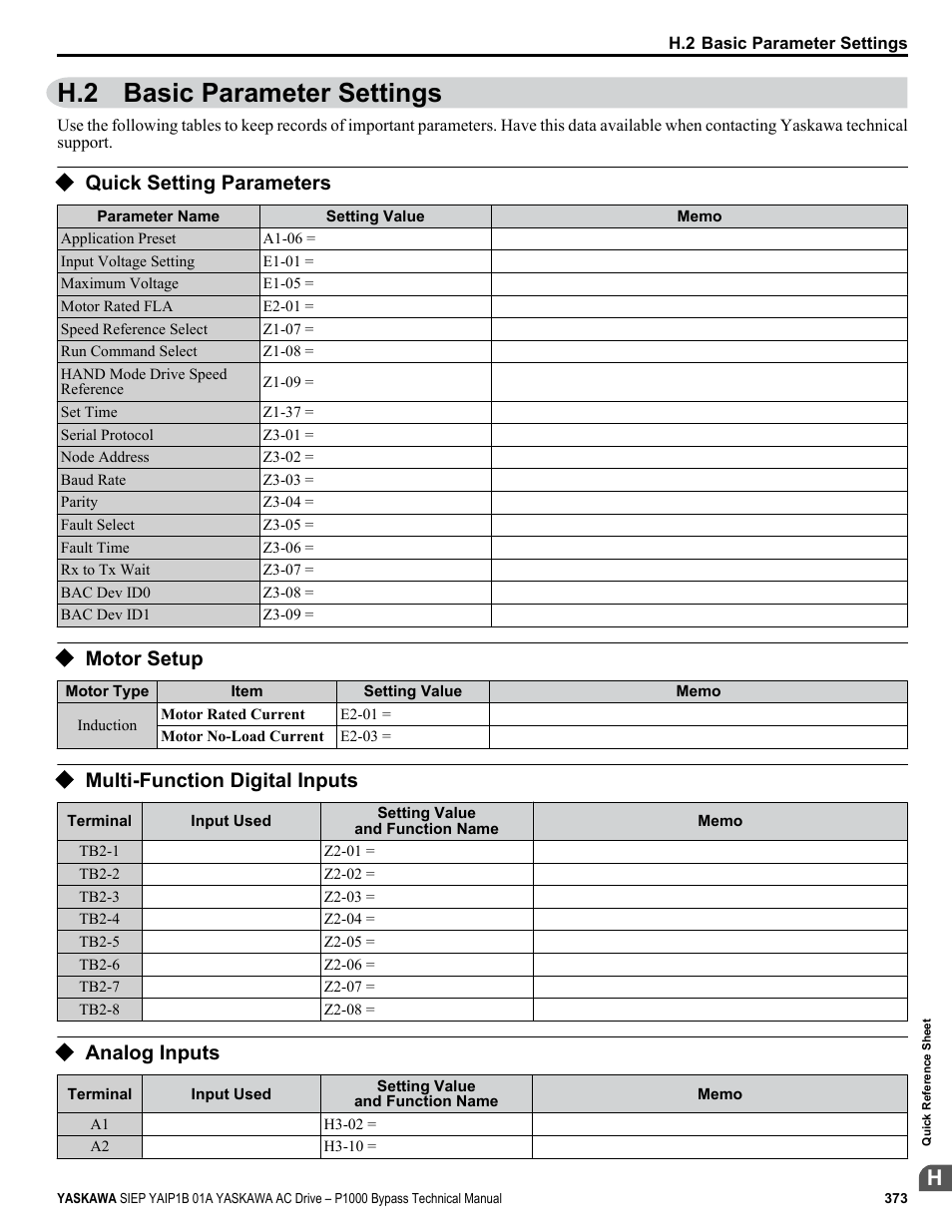Basic parameter settings, Quick setting parameters, Motor setup | Multi-function digital inputs, Analog inputs, H.2 basic parameter settings | Yaskawa AC Drive P1000 Bypass Technical Manual User Manual | Page 373 / 392