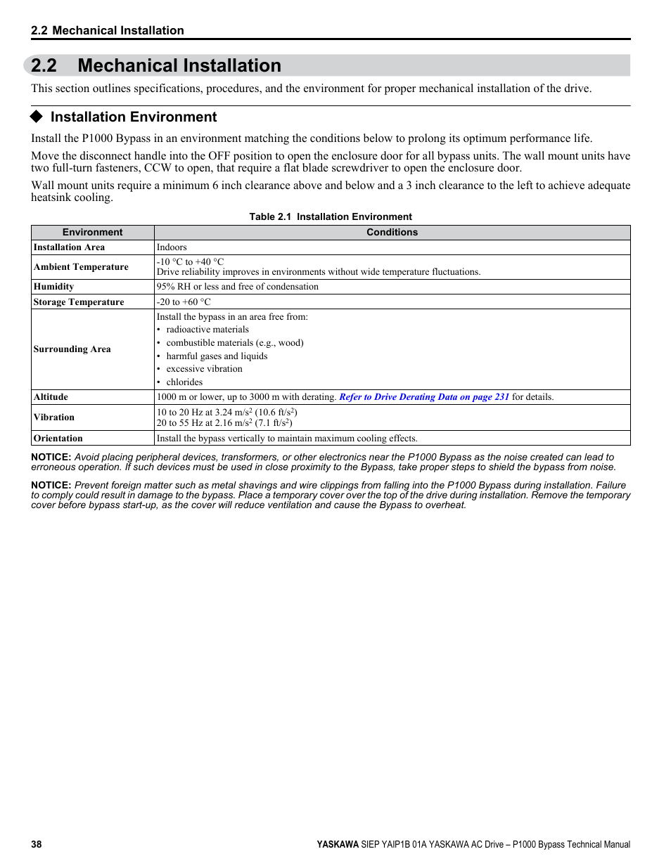 Mechanical installation, Installation environment, 2 mechanical installation | Yaskawa AC Drive P1000 Bypass Technical Manual User Manual | Page 38 / 392