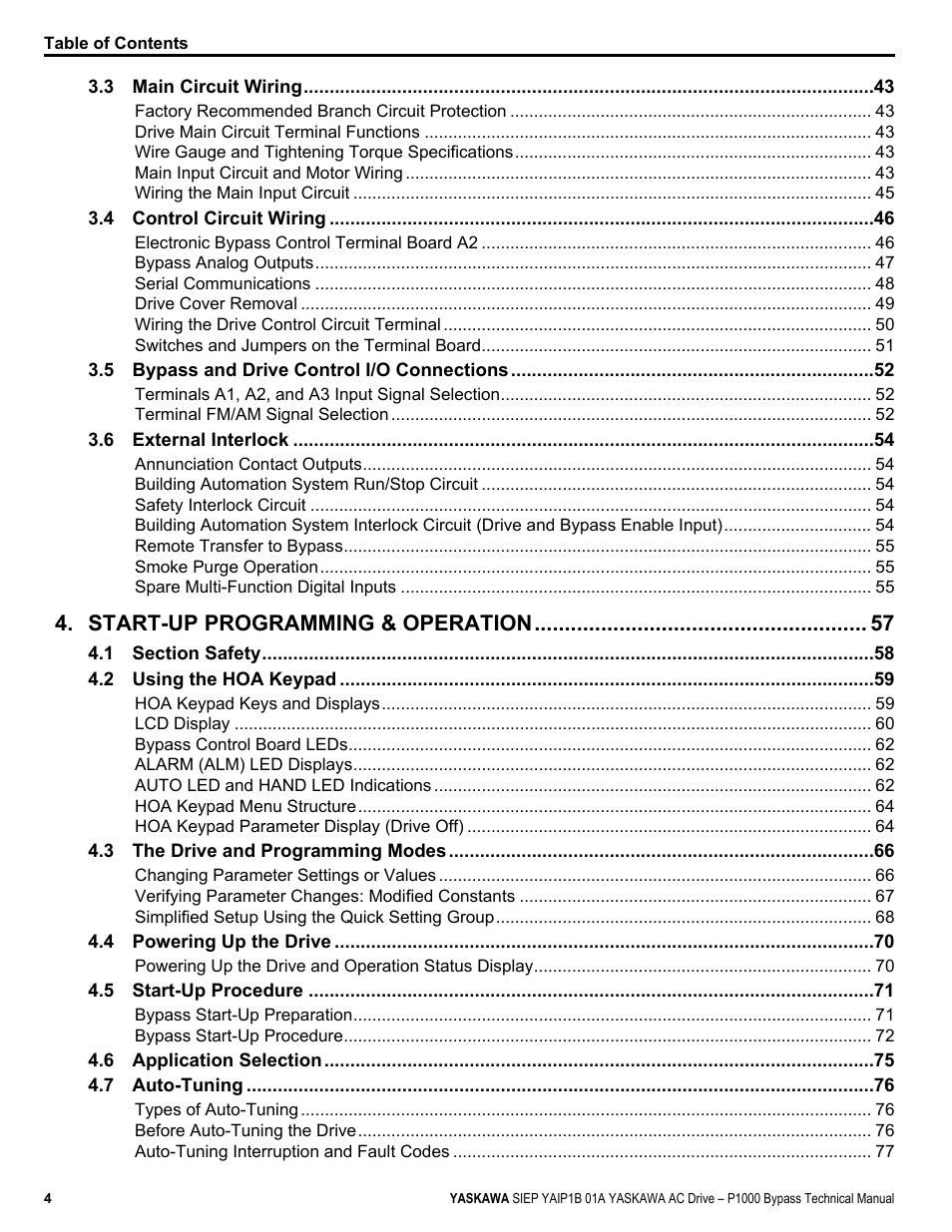 Start-up programming & operation | Yaskawa AC Drive P1000 Bypass Technical Manual User Manual | Page 4 / 392