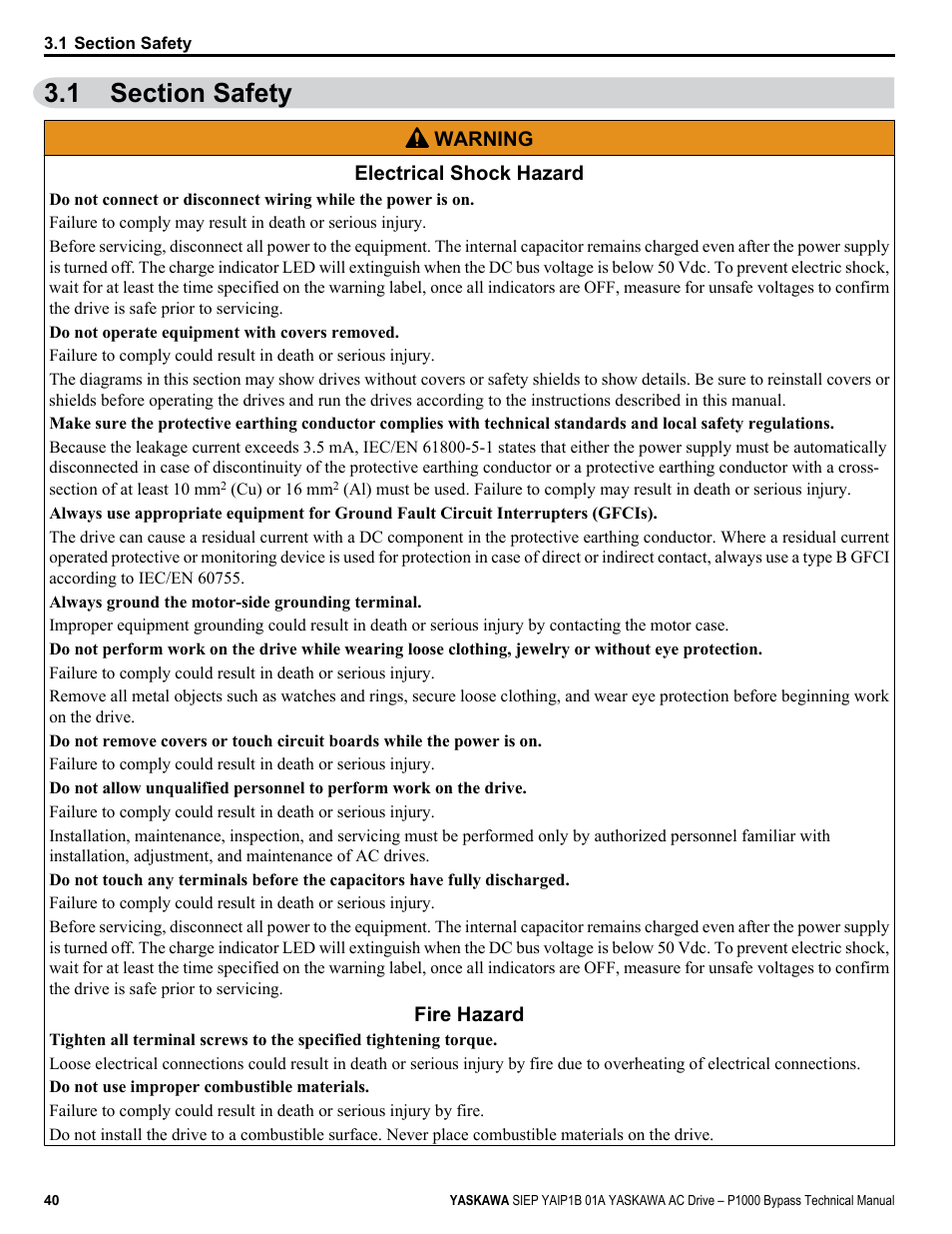 Section safety, 1 section safety | Yaskawa AC Drive P1000 Bypass Technical Manual User Manual | Page 40 / 392