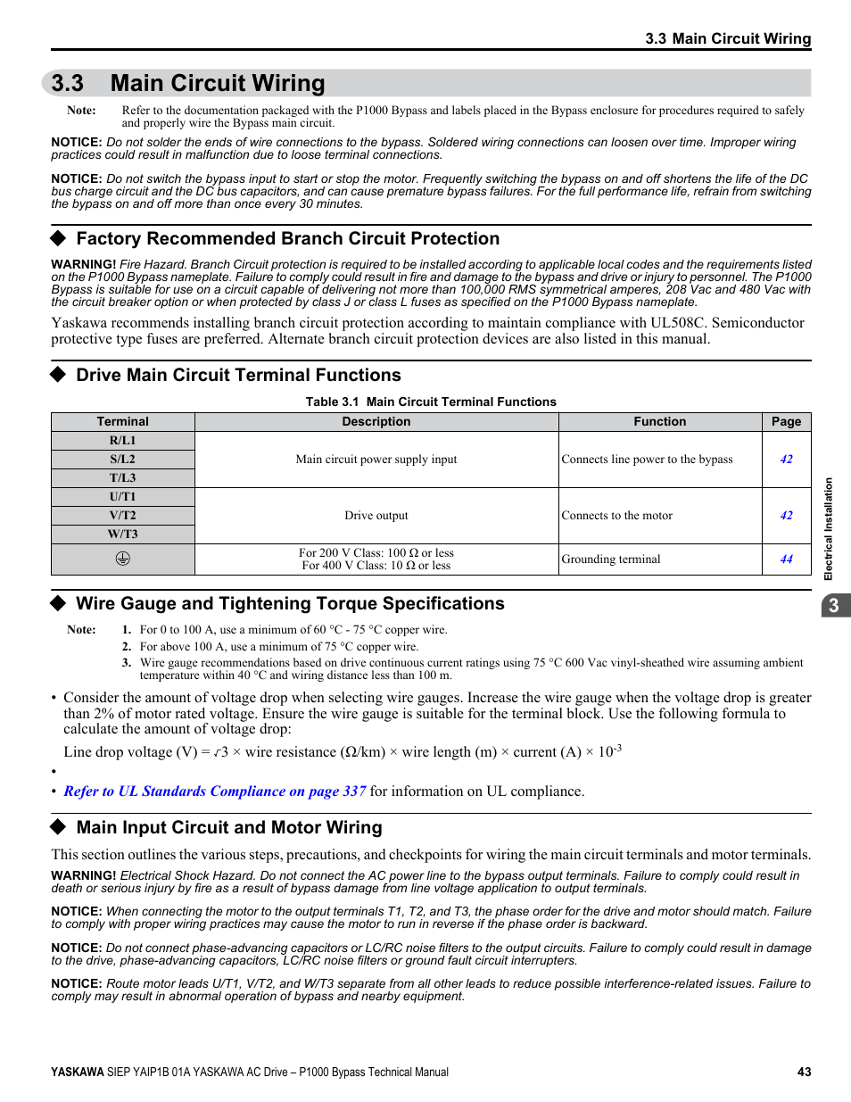 Main circuit wiring, Factory recommended branch circuit protection, Drive main circuit terminal functions | Wire gauge and tightening torque specifications, Main input circuit and motor wiring, 3 main circuit wiring | Yaskawa AC Drive P1000 Bypass Technical Manual User Manual | Page 43 / 392