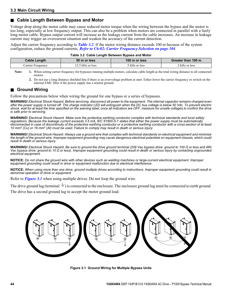 Cable length between bypass and motor, Ground wiring | Yaskawa AC Drive P1000 Bypass Technical Manual User Manual | Page 44 / 392