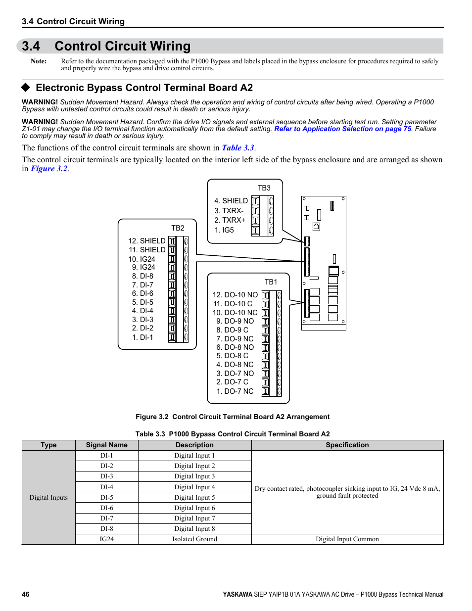 Control circuit wiring, Electronic bypass control terminal board a2, 4 control circuit wiring | Refer to control | Yaskawa AC Drive P1000 Bypass Technical Manual User Manual | Page 46 / 392