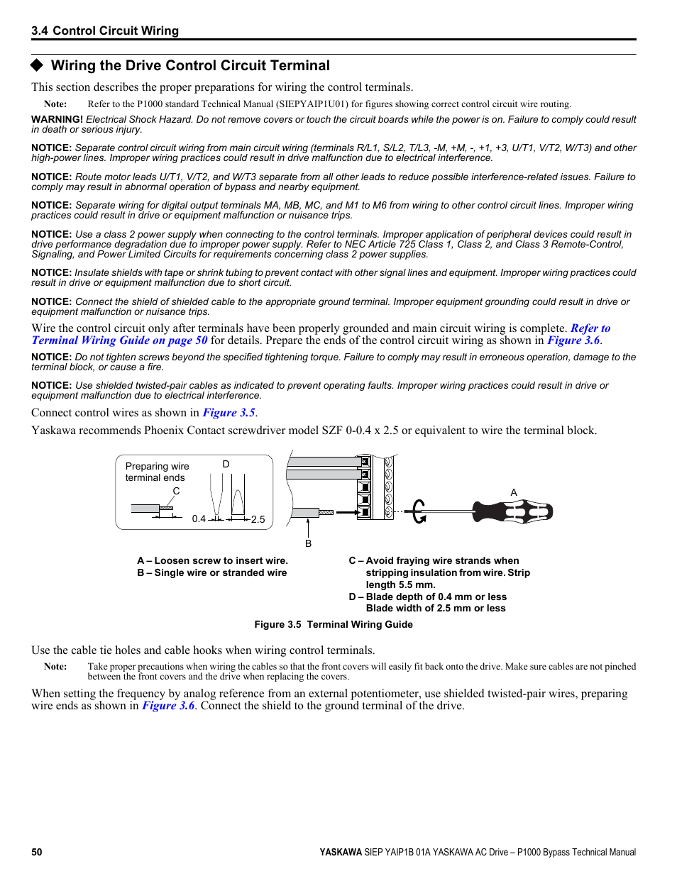 Wiring the drive control circuit terminal | Yaskawa AC Drive P1000 Bypass Technical Manual User Manual | Page 50 / 392