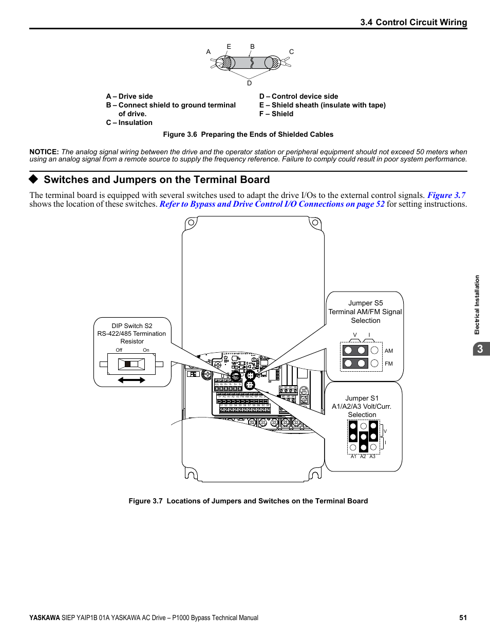 Switches and jumpers on the terminal board, Figure 3.6, 4 control circuit wiring | Yaskawa AC Drive P1000 Bypass Technical Manual User Manual | Page 51 / 392