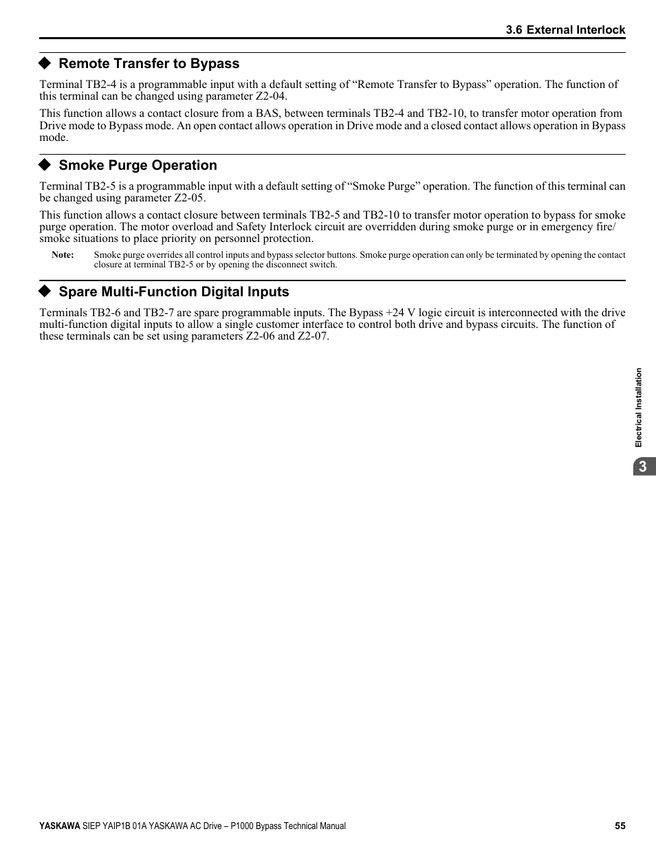 Remote transfer to bypass, Smoke purge operation, Spare multi-function digital inputs | Yaskawa AC Drive P1000 Bypass Technical Manual User Manual | Page 55 / 392