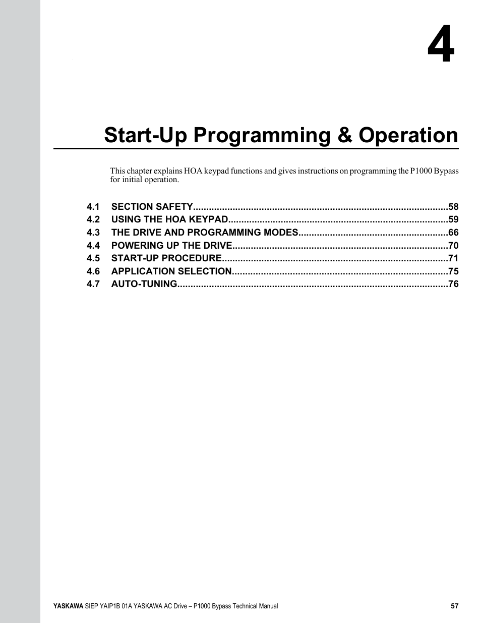 Start-up programming & operation | Yaskawa AC Drive P1000 Bypass Technical Manual User Manual | Page 57 / 392