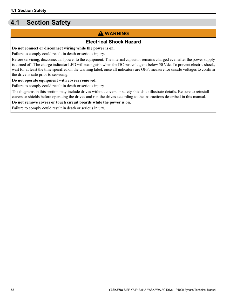 Section safety, 1 section safety | Yaskawa AC Drive P1000 Bypass Technical Manual User Manual | Page 58 / 392