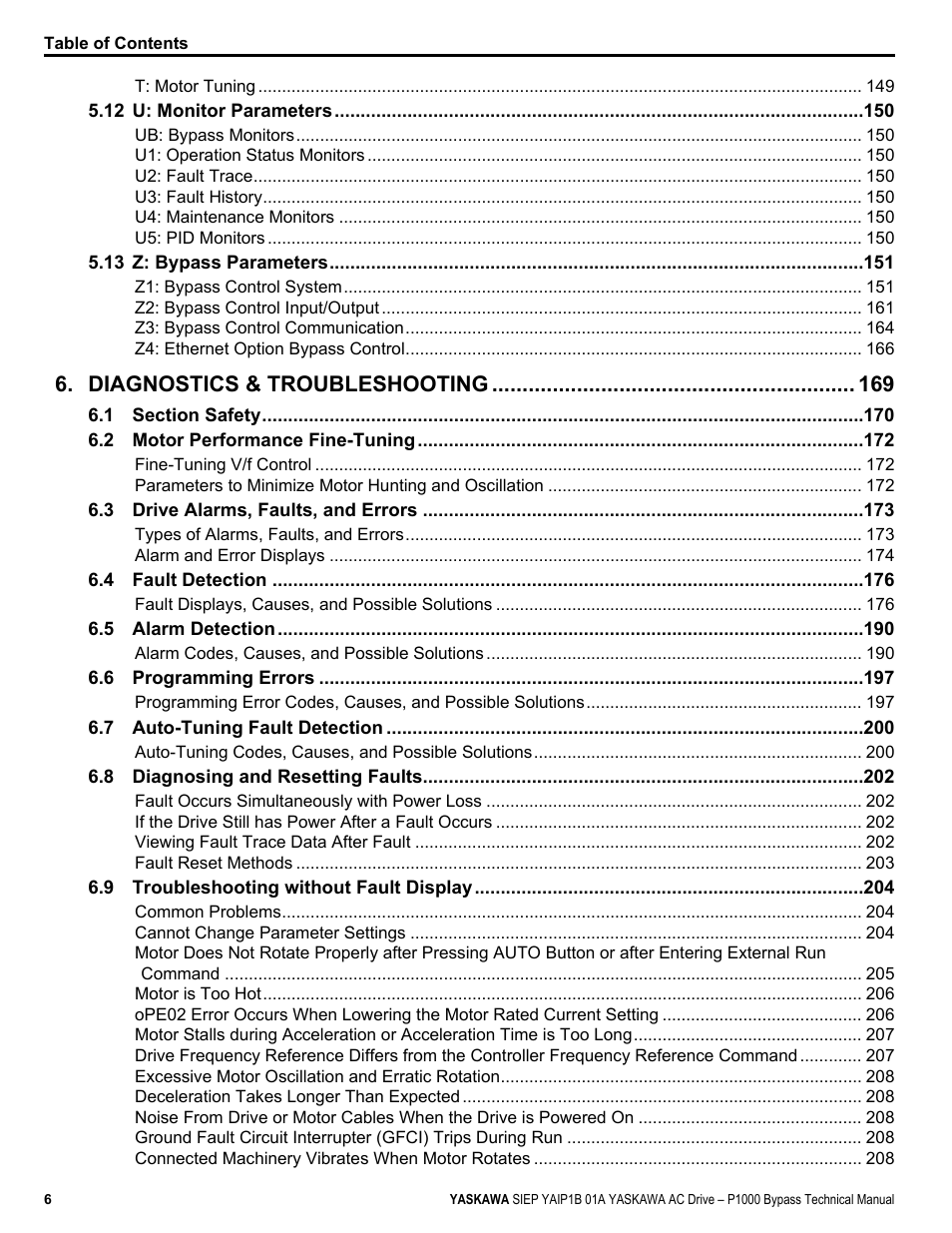 Diagnostics & troubleshooting | Yaskawa AC Drive P1000 Bypass Technical Manual User Manual | Page 6 / 392
