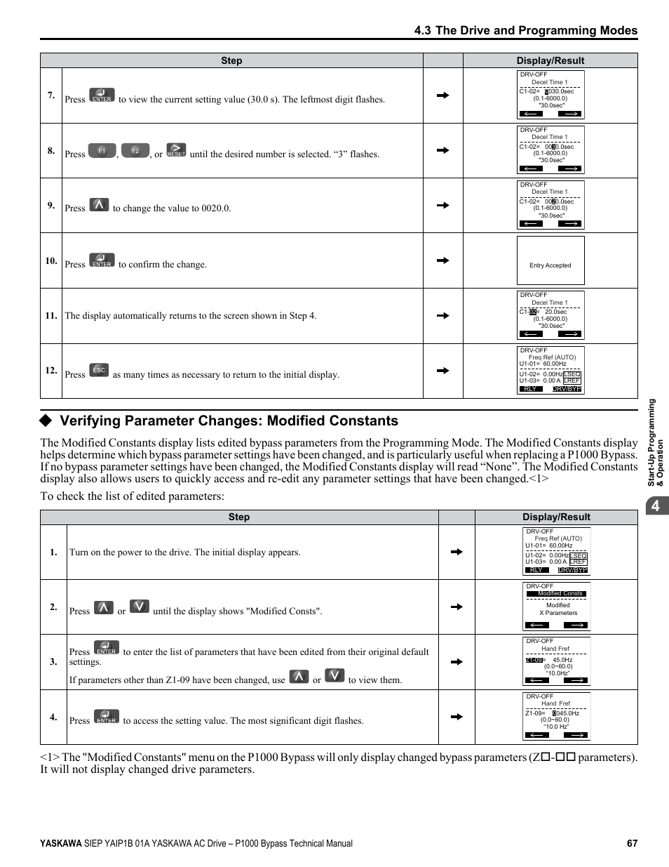 Verifying parameter changes, Verifying parameter changes: modified constants | Yaskawa AC Drive P1000 Bypass Technical Manual User Manual | Page 67 / 392