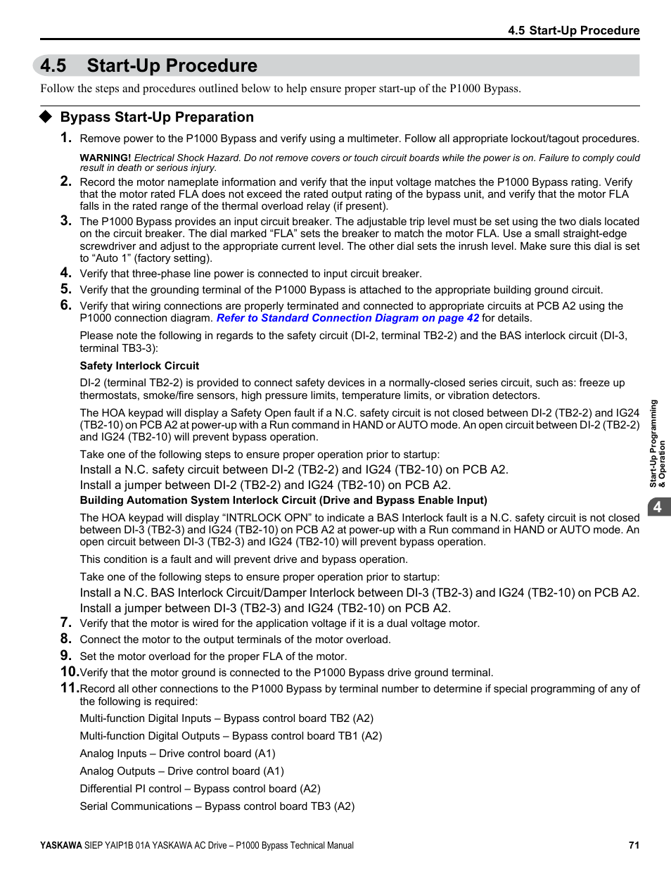 Start-up procedure, Bypass start-up preparation, 5 start-up procedure | Bypass start-up preparation 1 | Yaskawa AC Drive P1000 Bypass Technical Manual User Manual | Page 71 / 392