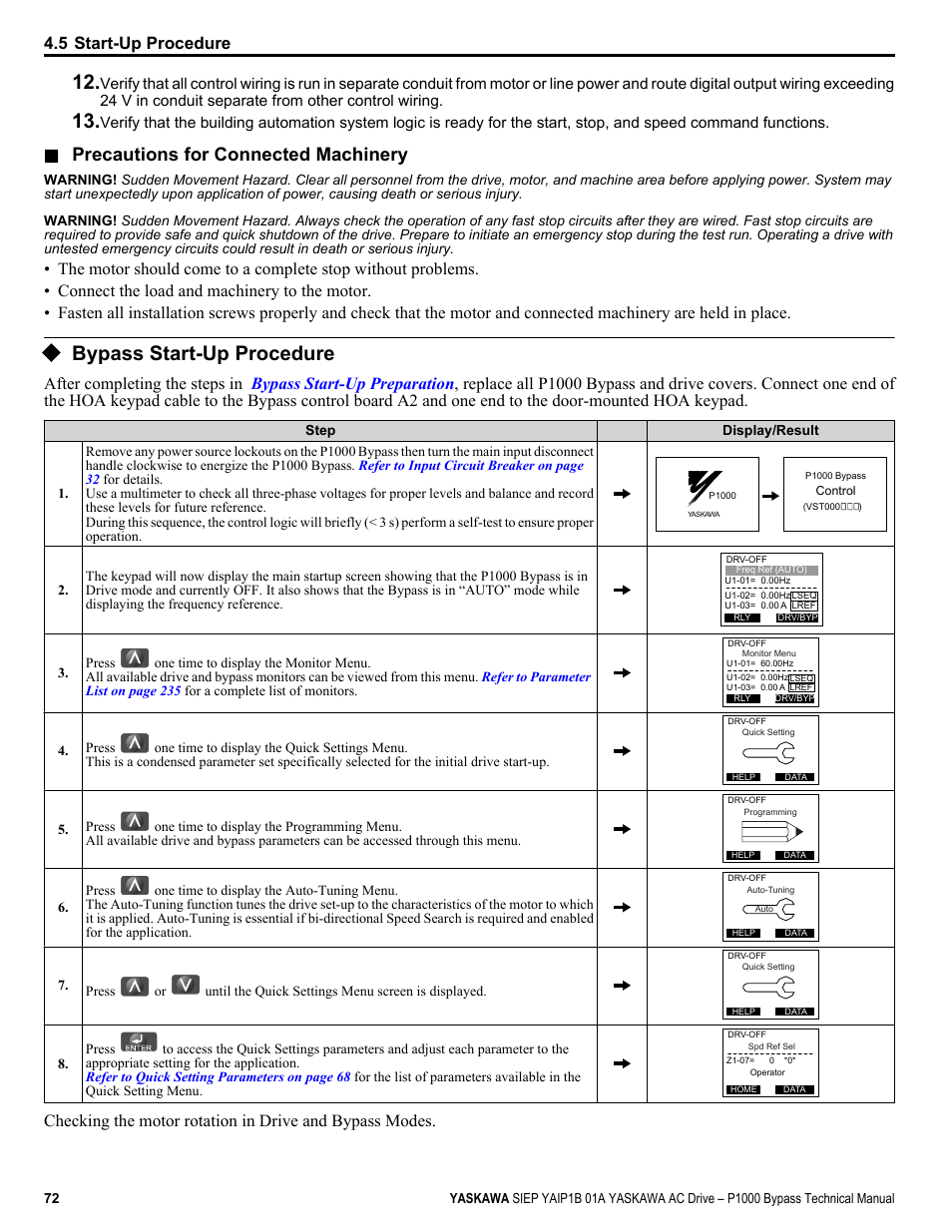 Bypass start-up procedure, Precautions for connected machinery | Yaskawa AC Drive P1000 Bypass Technical Manual User Manual | Page 72 / 392