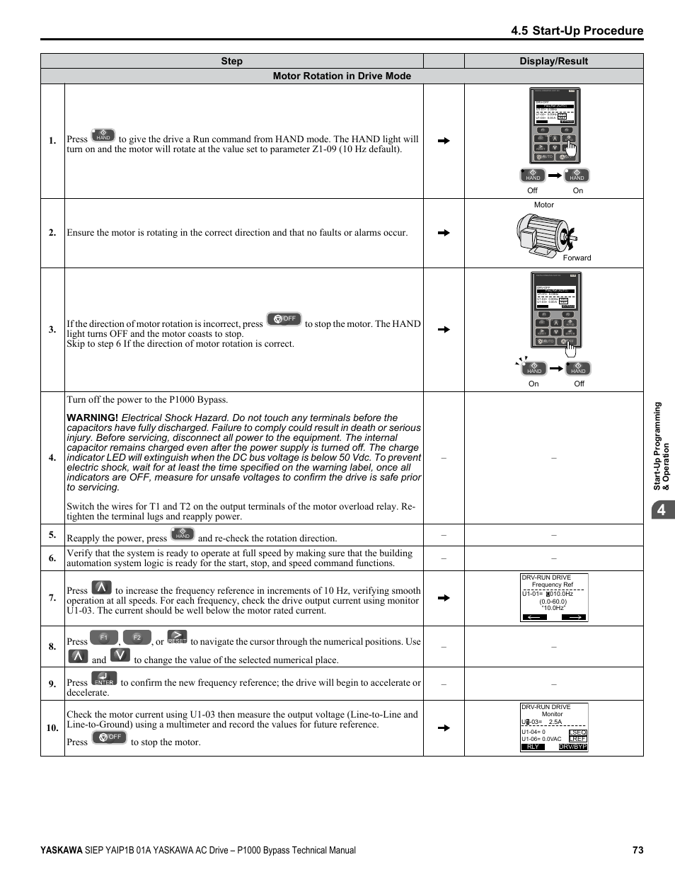 5 start-up procedure, Press | Yaskawa AC Drive P1000 Bypass Technical Manual User Manual | Page 73 / 392