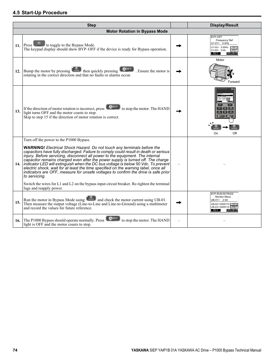 5 start-up procedure, Bump the motor by pressing, Then quickly pressing | The p1000 bypass should operate normally. press | Yaskawa AC Drive P1000 Bypass Technical Manual User Manual | Page 74 / 392