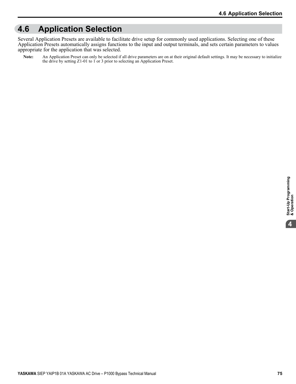 Application selection, 6 application selection, Failure | Yaskawa AC Drive P1000 Bypass Technical Manual User Manual | Page 75 / 392