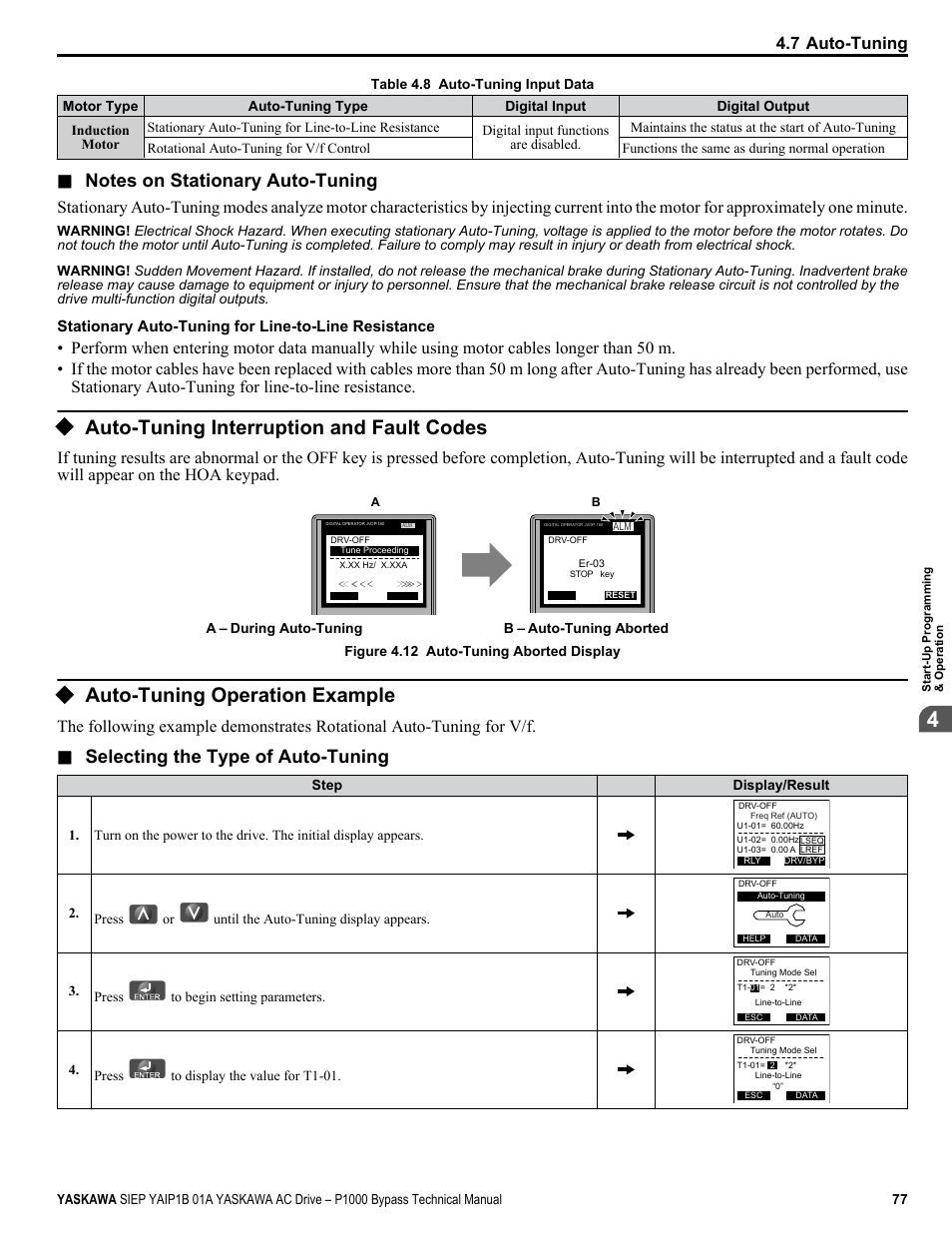 Auto-tuning interruption and fault codes, Auto-tuning operation example, Selecting the type of auto-tuning | 7 auto-tuning, Stationary auto-tuning for line-to-line resistance | Yaskawa AC Drive P1000 Bypass Technical Manual User Manual | Page 77 / 392