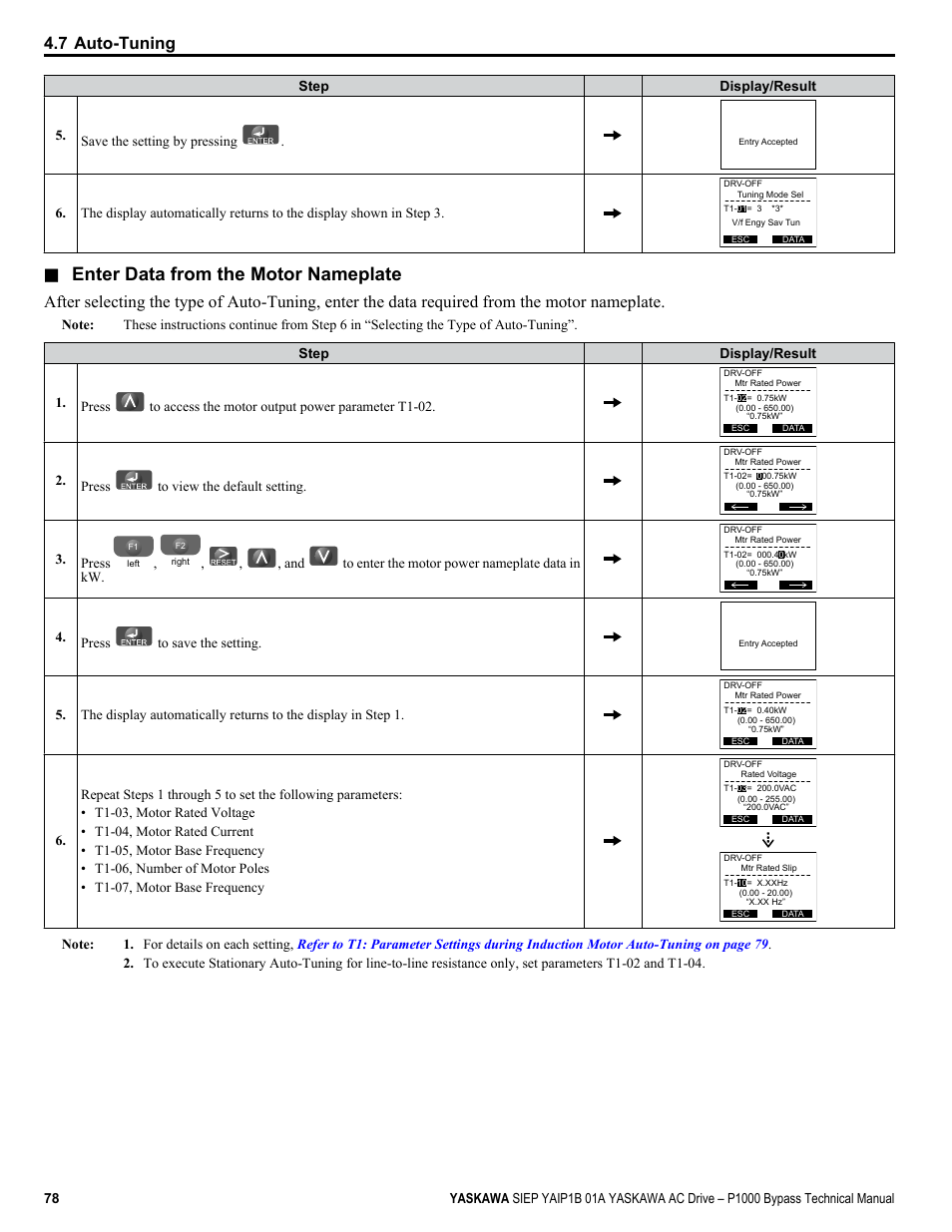 Enter data from the motor nameplate, 7 auto-tuning, Press to view the default setting | Press, And to enter the motor power nameplate data in kw, Press to save the setting | Yaskawa AC Drive P1000 Bypass Technical Manual User Manual | Page 78 / 392