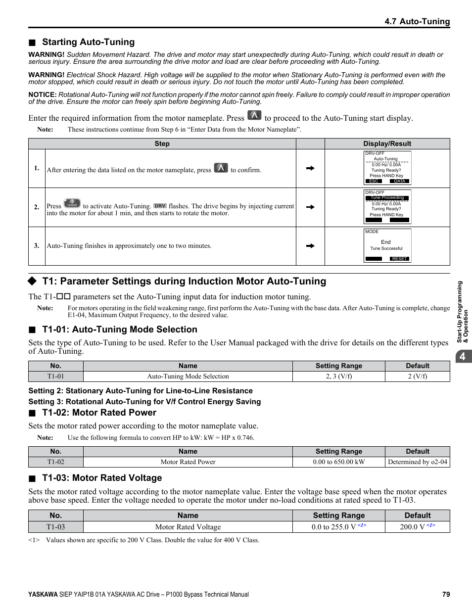 Starting auto-tuning, T1-01: auto-tuning mode selection, T1-02: motor rated power | T1-03: motor rated voltage | Yaskawa AC Drive P1000 Bypass Technical Manual User Manual | Page 79 / 392