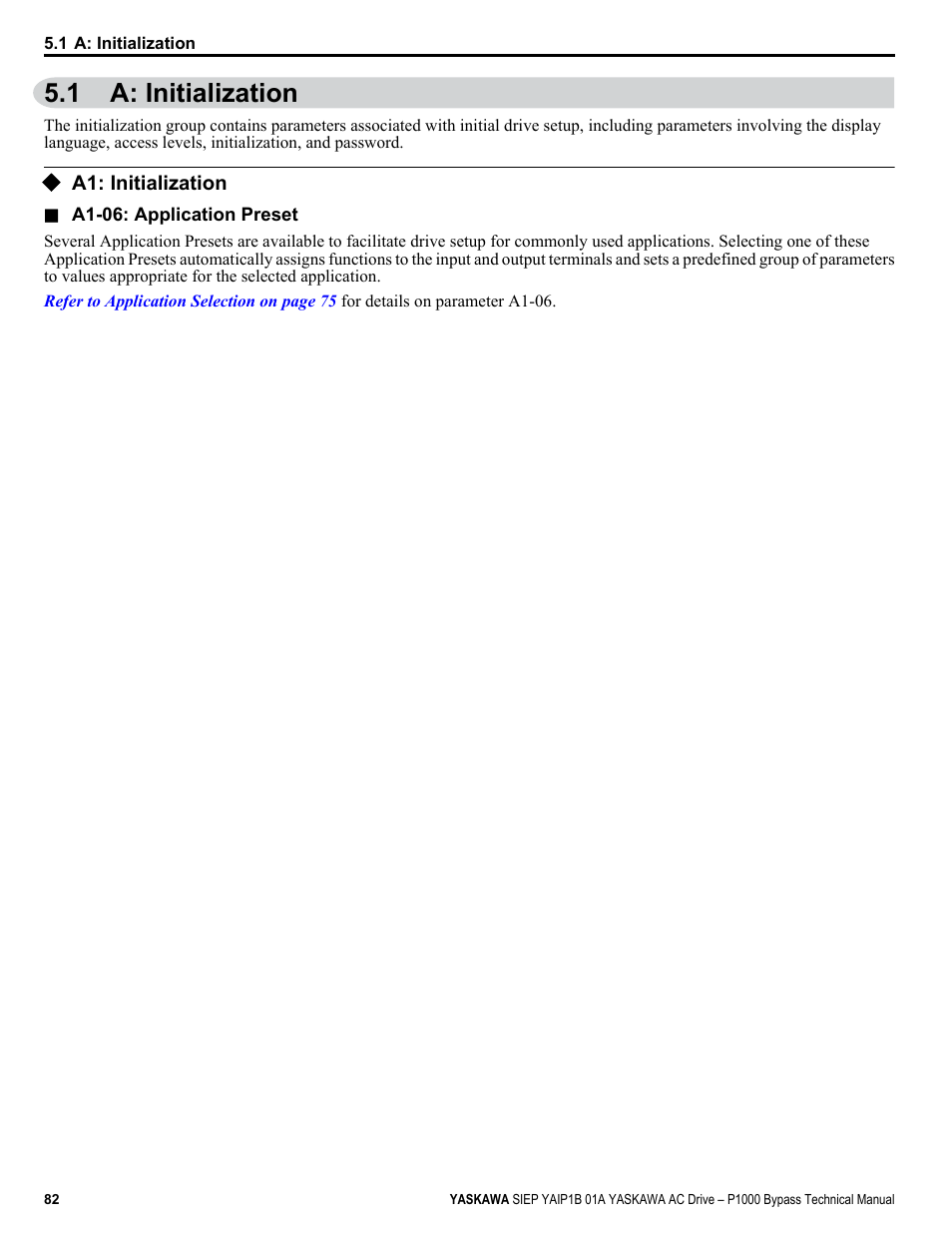 A: initialization, A1: initialization, 1 a: initialization | Yaskawa AC Drive P1000 Bypass Technical Manual User Manual | Page 82 / 392