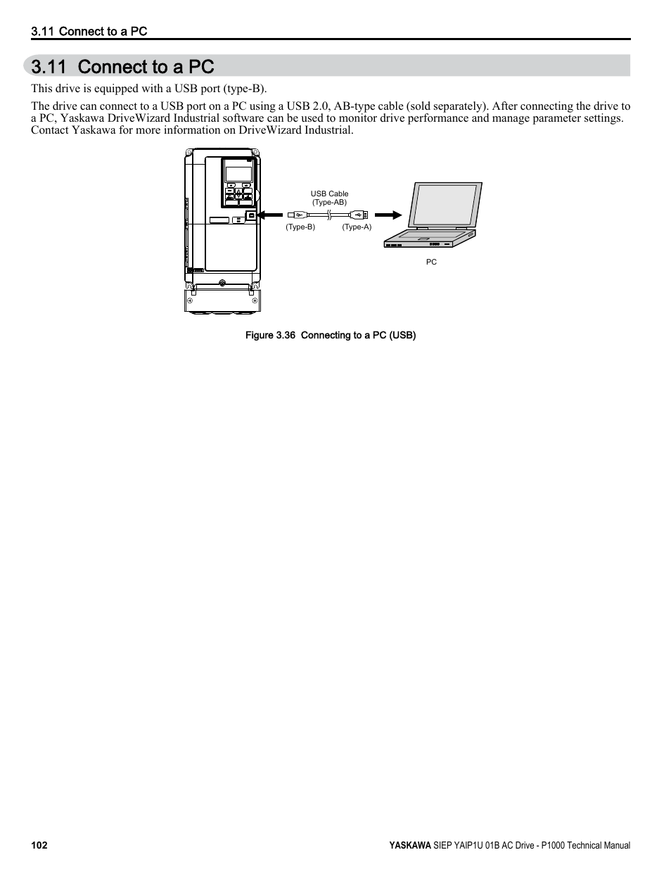 Connect to a pc, 11 connect to a pc | Yaskawa AC Drive-P1000 Industrial Fan User Manual | Page 102 / 570
