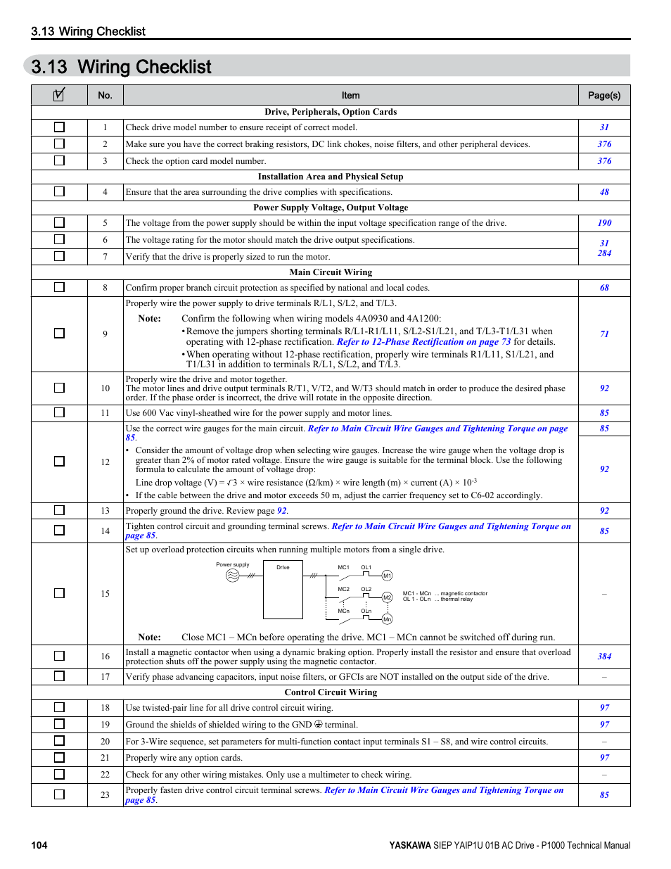 Wiring checklist, 13 wiring checklist | Yaskawa AC Drive-P1000 Industrial Fan User Manual | Page 104 / 570