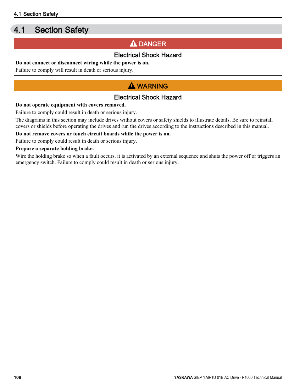Section safety, 1 section safety | Yaskawa AC Drive-P1000 Industrial Fan User Manual | Page 108 / 570