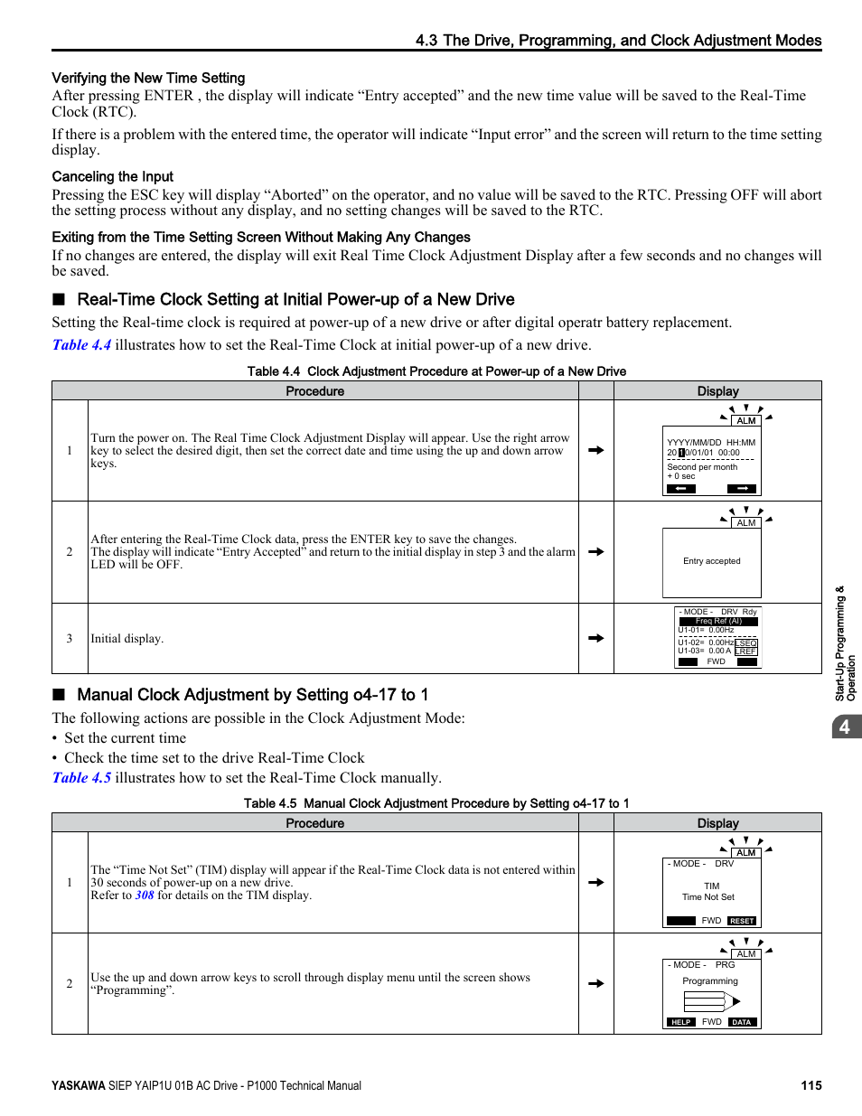 First time, Manual clock adjustment by setting o4-17 to 1 | Yaskawa AC Drive-P1000 Industrial Fan User Manual | Page 115 / 570