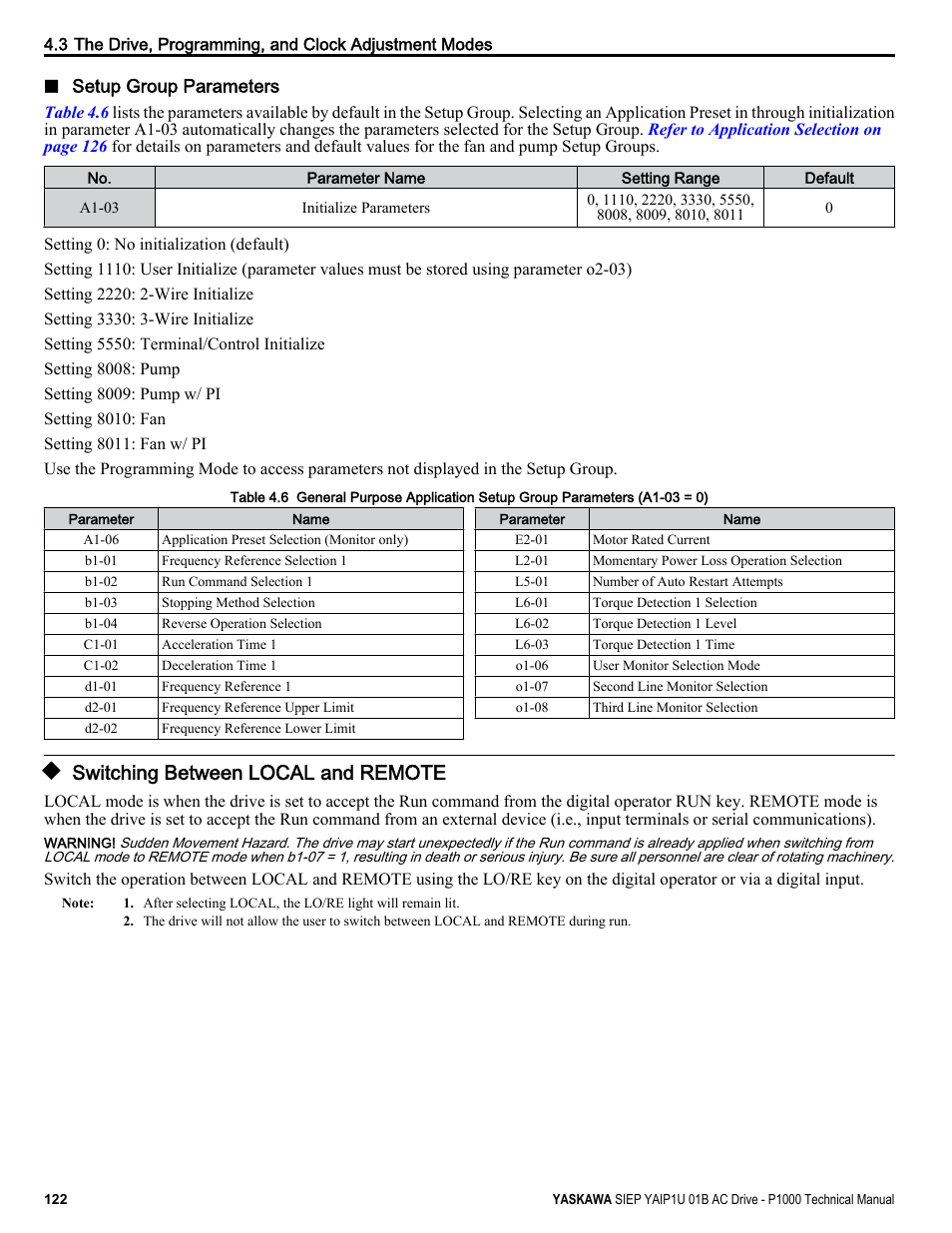 Switching between local and remote | Yaskawa AC Drive-P1000 Industrial Fan User Manual | Page 122 / 570