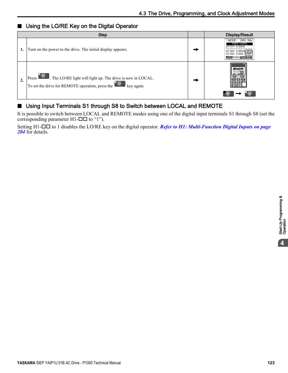 Using the lo/re key on the digital operator, Digital operator jvop-180 | Yaskawa AC Drive-P1000 Industrial Fan User Manual | Page 123 / 570