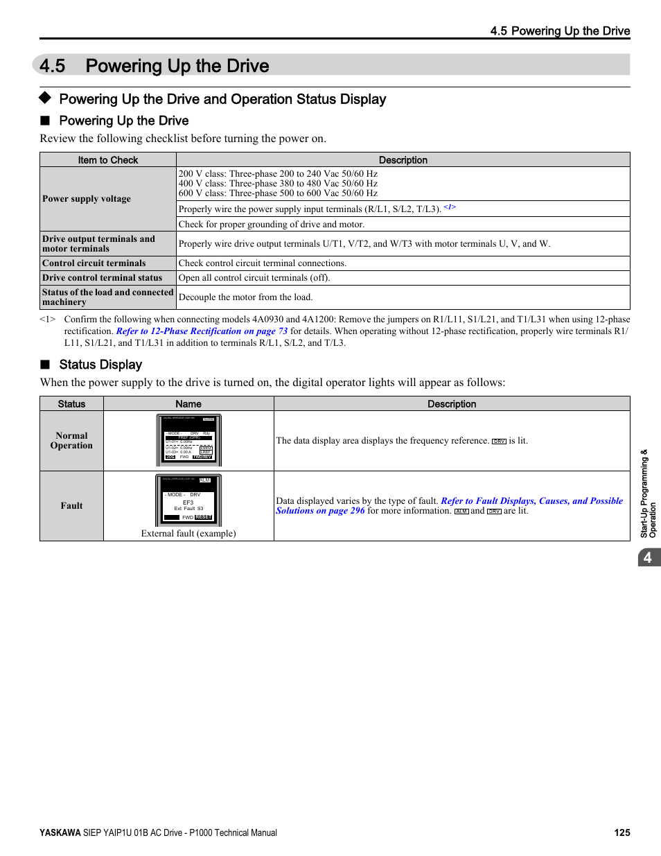 Powering up the drive, Powering up the drive and operation status display, 5 powering up the drive | Status display | Yaskawa AC Drive-P1000 Industrial Fan User Manual | Page 125 / 570