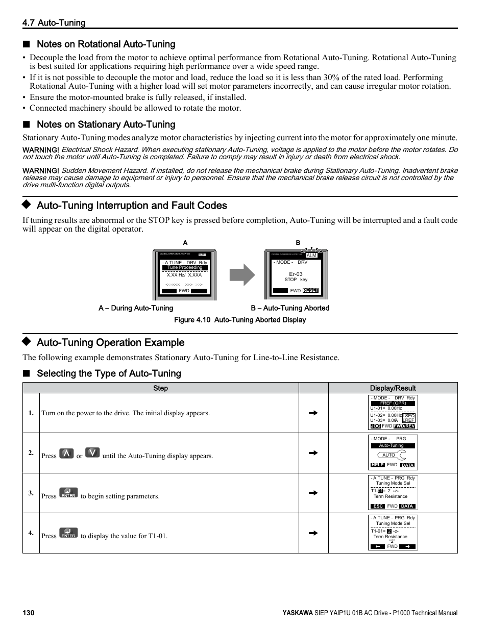 Auto-tuning interruption and fault codes, Auto-tuning operation example, Selecting the type of auto-tuning | 7 auto-tuning | Yaskawa AC Drive-P1000 Industrial Fan User Manual | Page 130 / 570