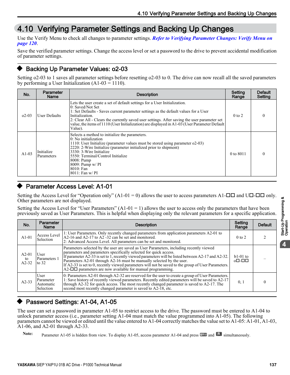 Backing up parameter values: o2-03, Parameter access level: a1-01, Password settings: a1-04, a1-05 | Yaskawa AC Drive-P1000 Industrial Fan User Manual | Page 137 / 570