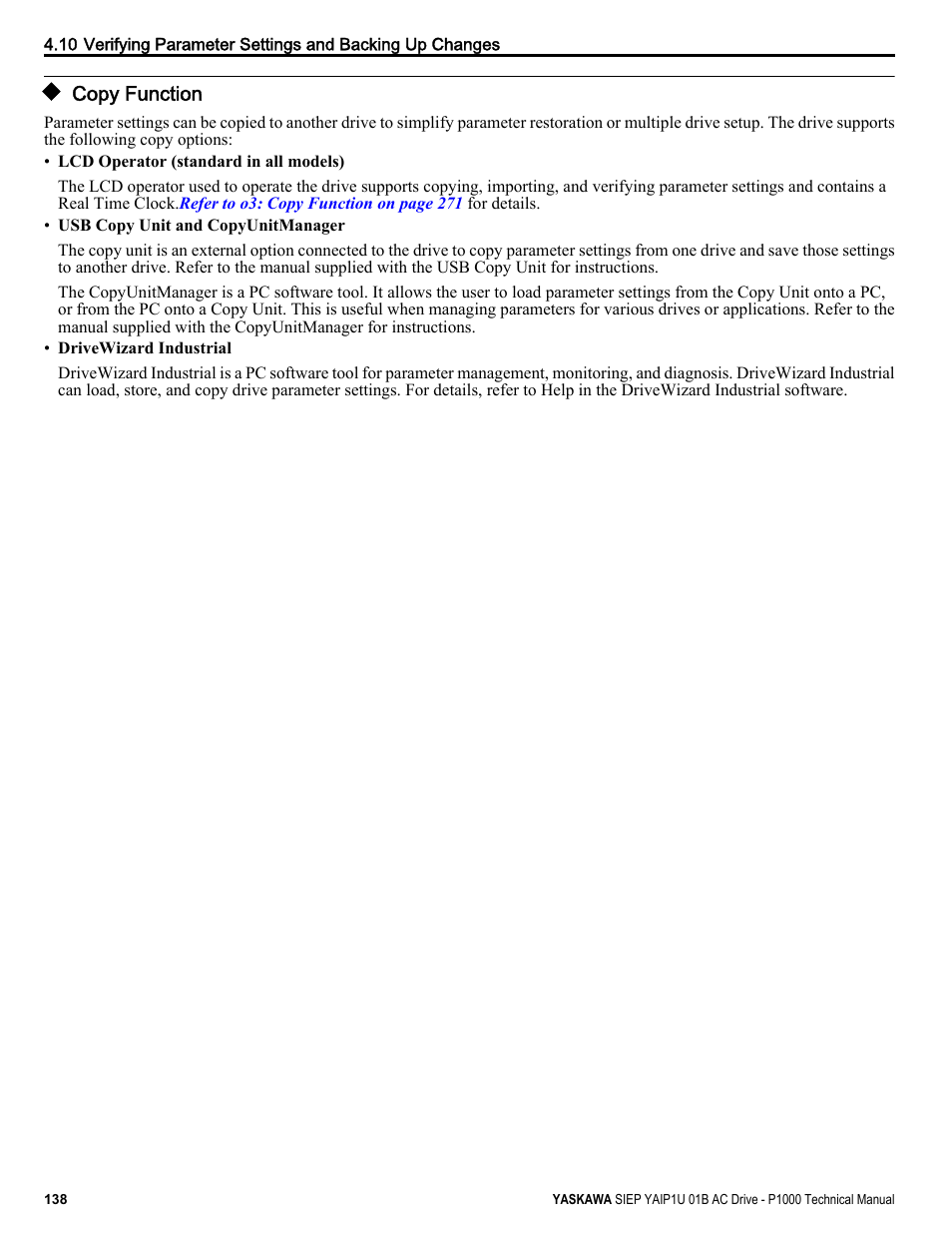 Copy function | Yaskawa AC Drive-P1000 Industrial Fan User Manual | Page 138 / 570