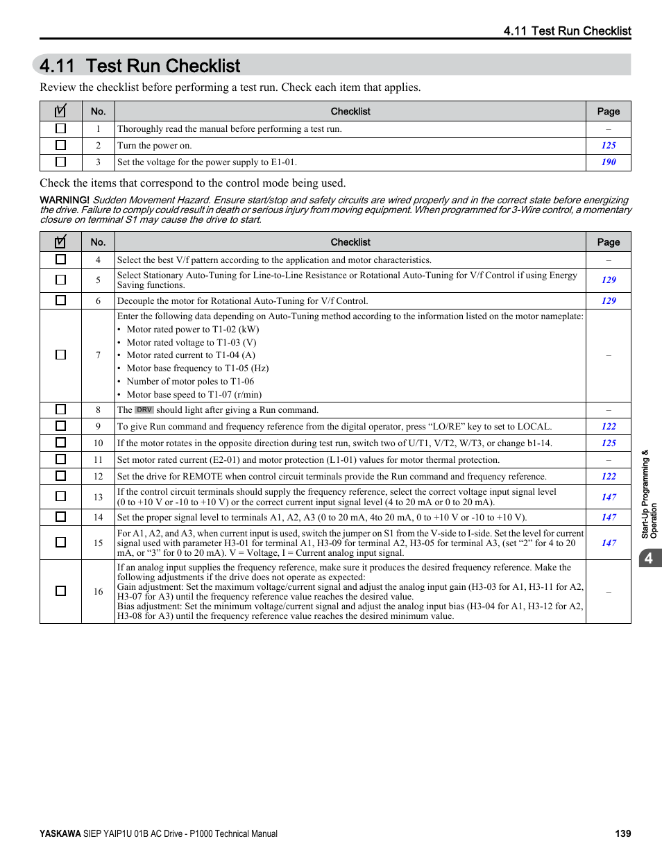 Test run checklist, 11 test run checklist | Yaskawa AC Drive-P1000 Industrial Fan User Manual | Page 139 / 570