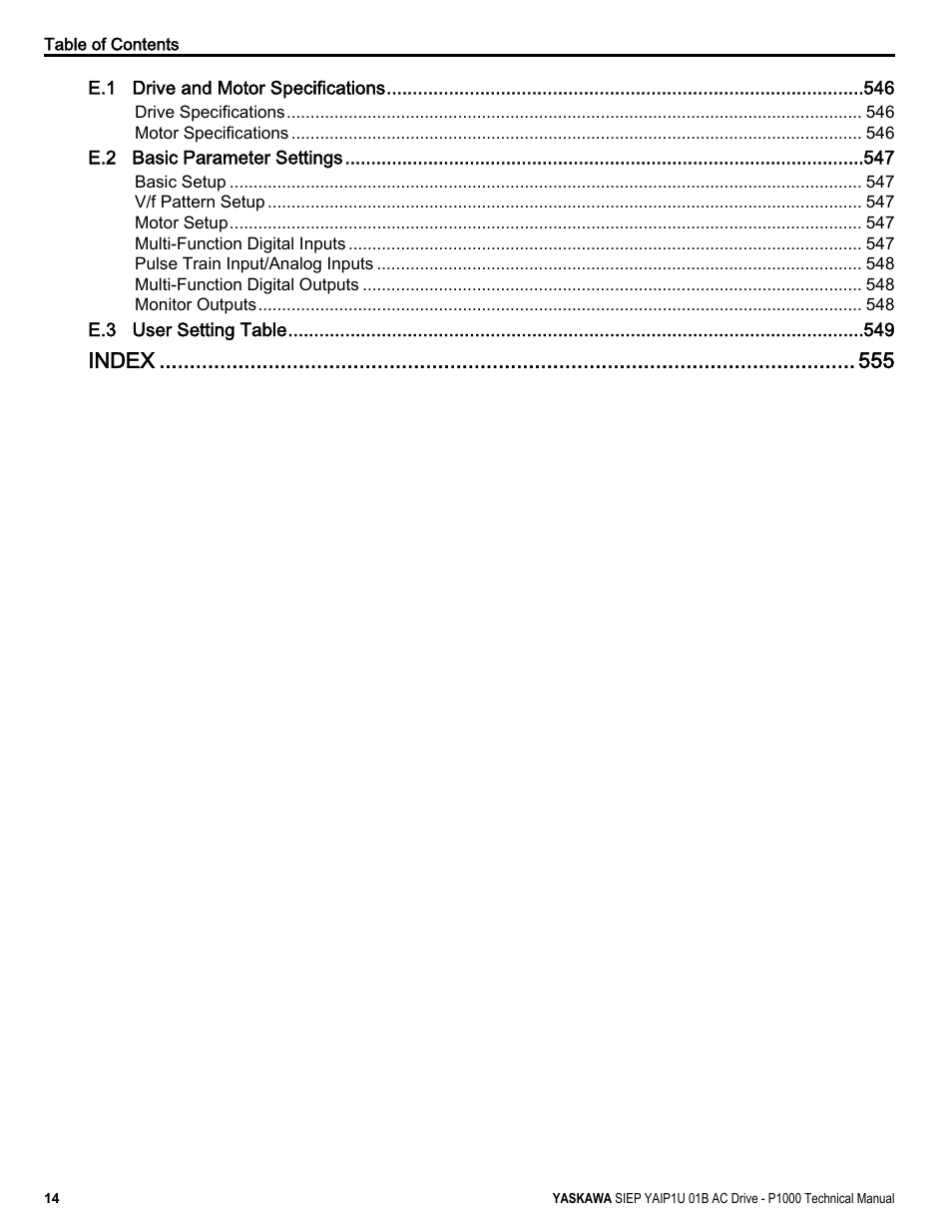 Index | Yaskawa AC Drive-P1000 Industrial Fan User Manual | Page 14 / 570