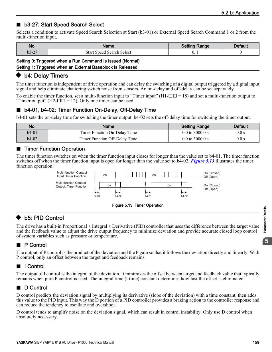 B4: delay timers, B5: pid control | Yaskawa AC Drive-P1000 Industrial Fan User Manual | Page 159 / 570