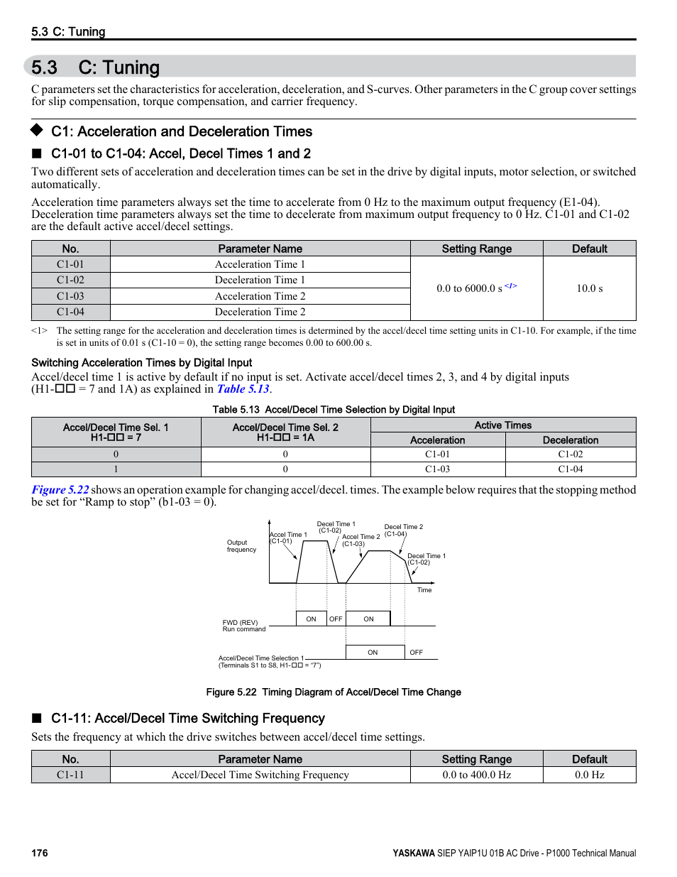C: tuning, C1: acceleration and deceleration times, 3 c: tuning | C1-11: accel/decel time switching frequency | Yaskawa AC Drive-P1000 Industrial Fan User Manual | Page 176 / 570