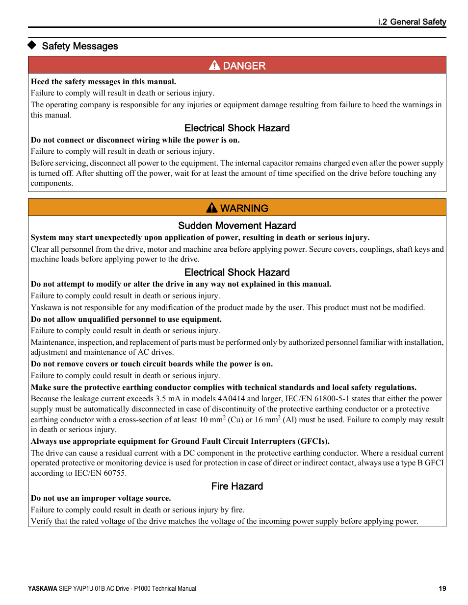 Safety messages | Yaskawa AC Drive-P1000 Industrial Fan User Manual | Page 19 / 570