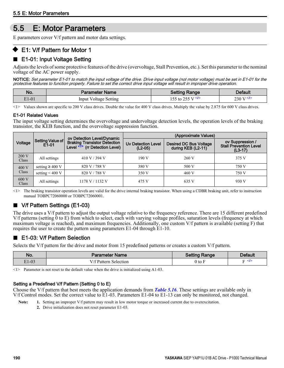 E: motor parameters, E1: v/f pattern for motor 1, 5 e: motor parameters | Yaskawa AC Drive-P1000 Industrial Fan User Manual | Page 190 / 570