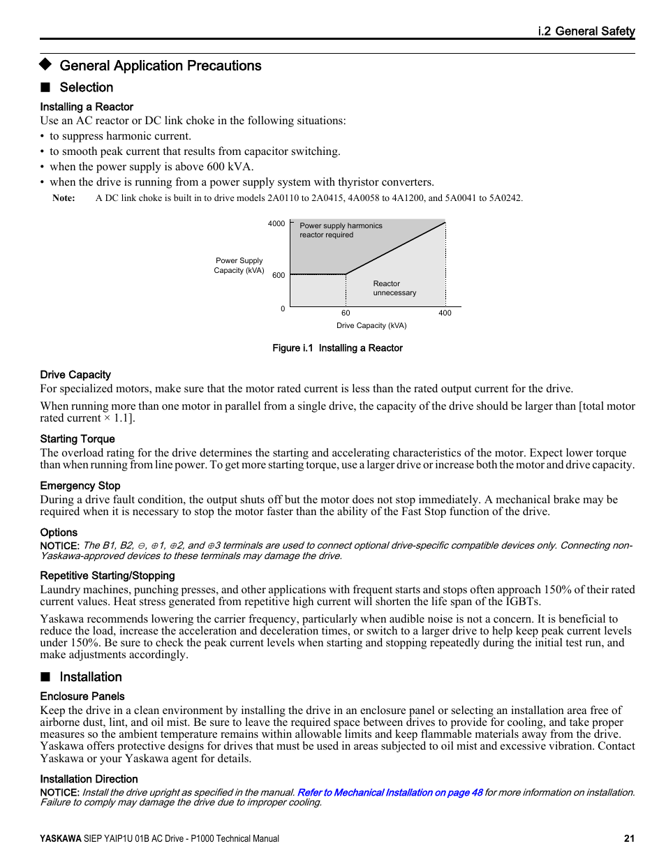 General application precautions | Yaskawa AC Drive-P1000 Industrial Fan User Manual | Page 21 / 570
