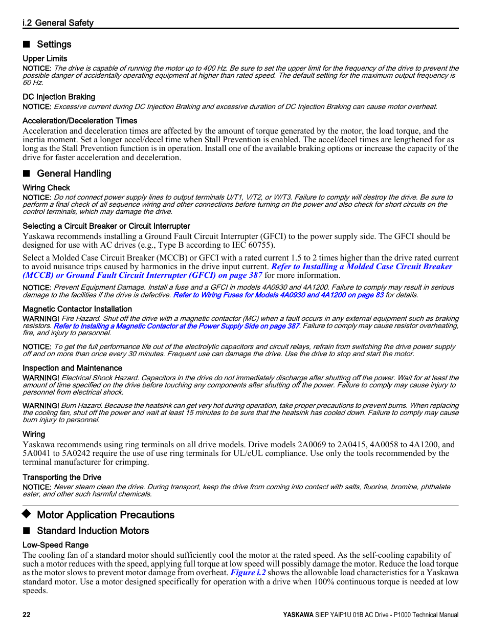 Motor application precautions | Yaskawa AC Drive-P1000 Industrial Fan User Manual | Page 22 / 570