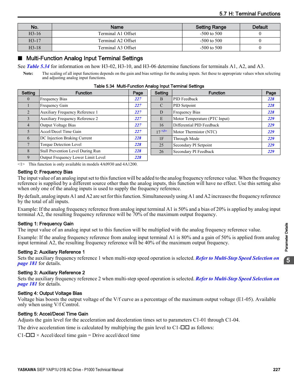 Refer to multi-function analog, For a list of functions and descriptions | Yaskawa AC Drive-P1000 Industrial Fan User Manual | Page 227 / 570