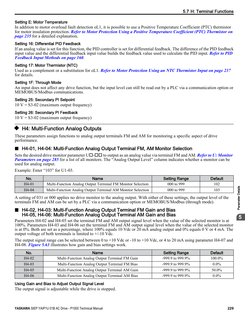 H4: multi-function analog outputs | Yaskawa AC Drive-P1000 Industrial Fan User Manual | Page 229 / 570