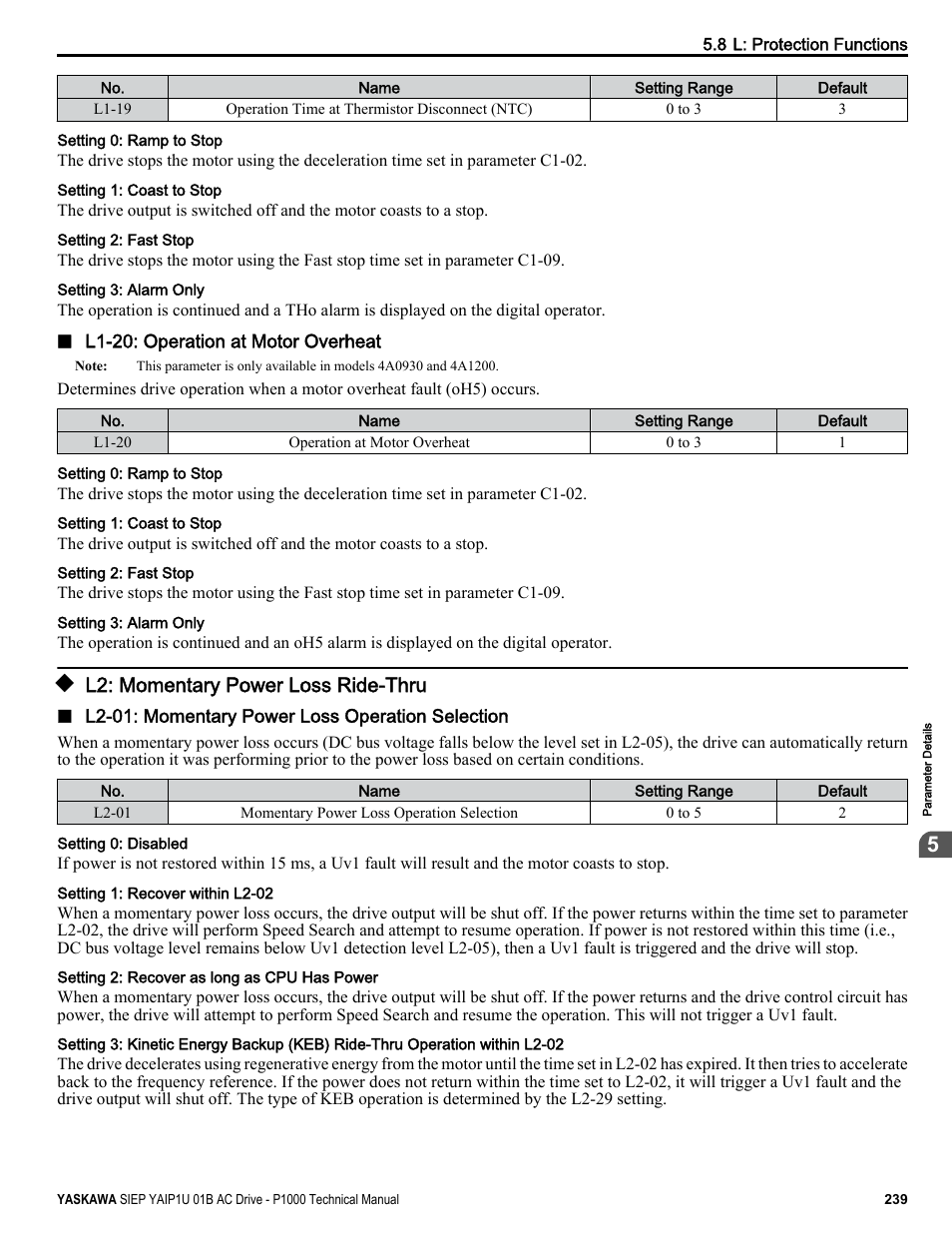 L2: momentary power loss ride-thru, Refer to l2-01 | Yaskawa AC Drive-P1000 Industrial Fan User Manual | Page 239 / 570