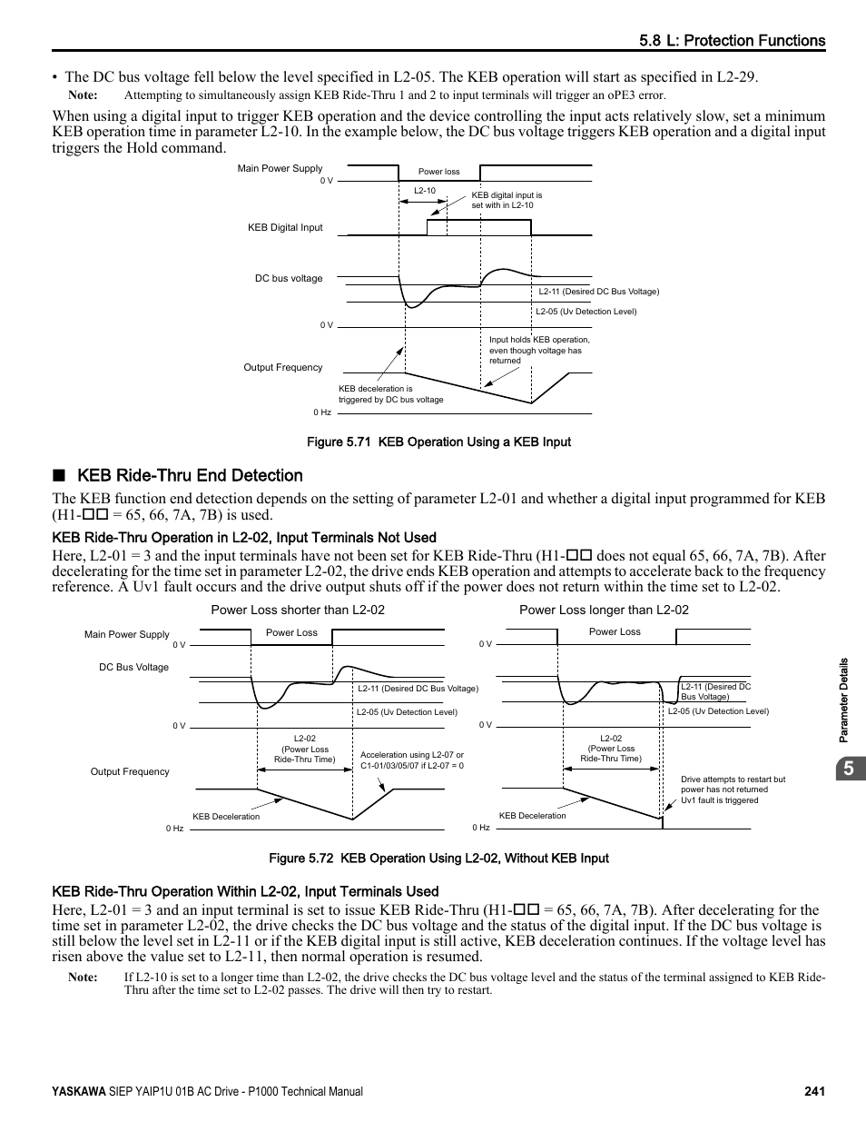 Keb ride-thru end detection, 8 l: protection functions | Yaskawa AC Drive-P1000 Industrial Fan User Manual | Page 241 / 570