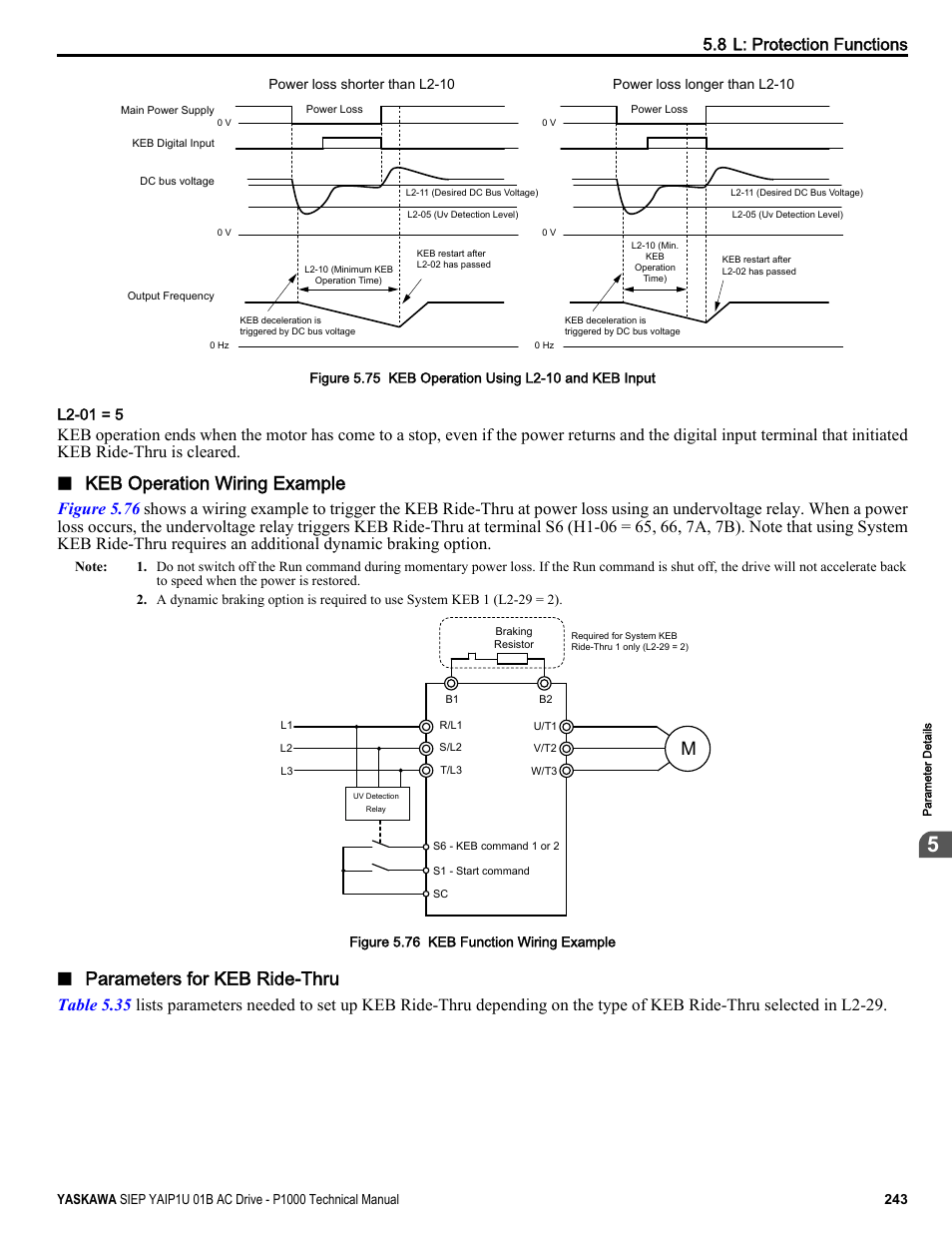 Keb operation wiring example, Parameters for keb ride-thru | Yaskawa AC Drive-P1000 Industrial Fan User Manual | Page 243 / 570