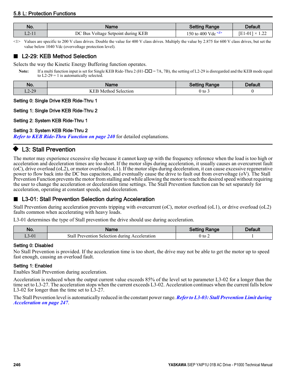 L3: stall prevention | Yaskawa AC Drive-P1000 Industrial Fan User Manual | Page 246 / 570