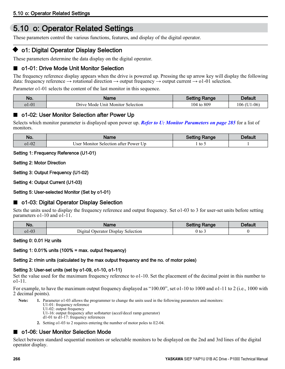 O: operator related settings, O1: digital operator display selection, 10 o: operator related settings | Yaskawa AC Drive-P1000 Industrial Fan User Manual | Page 266 / 570