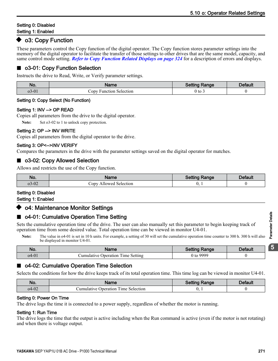 O3: copy function, O4: maintenance monitor settings | Yaskawa AC Drive-P1000 Industrial Fan User Manual | Page 271 / 570